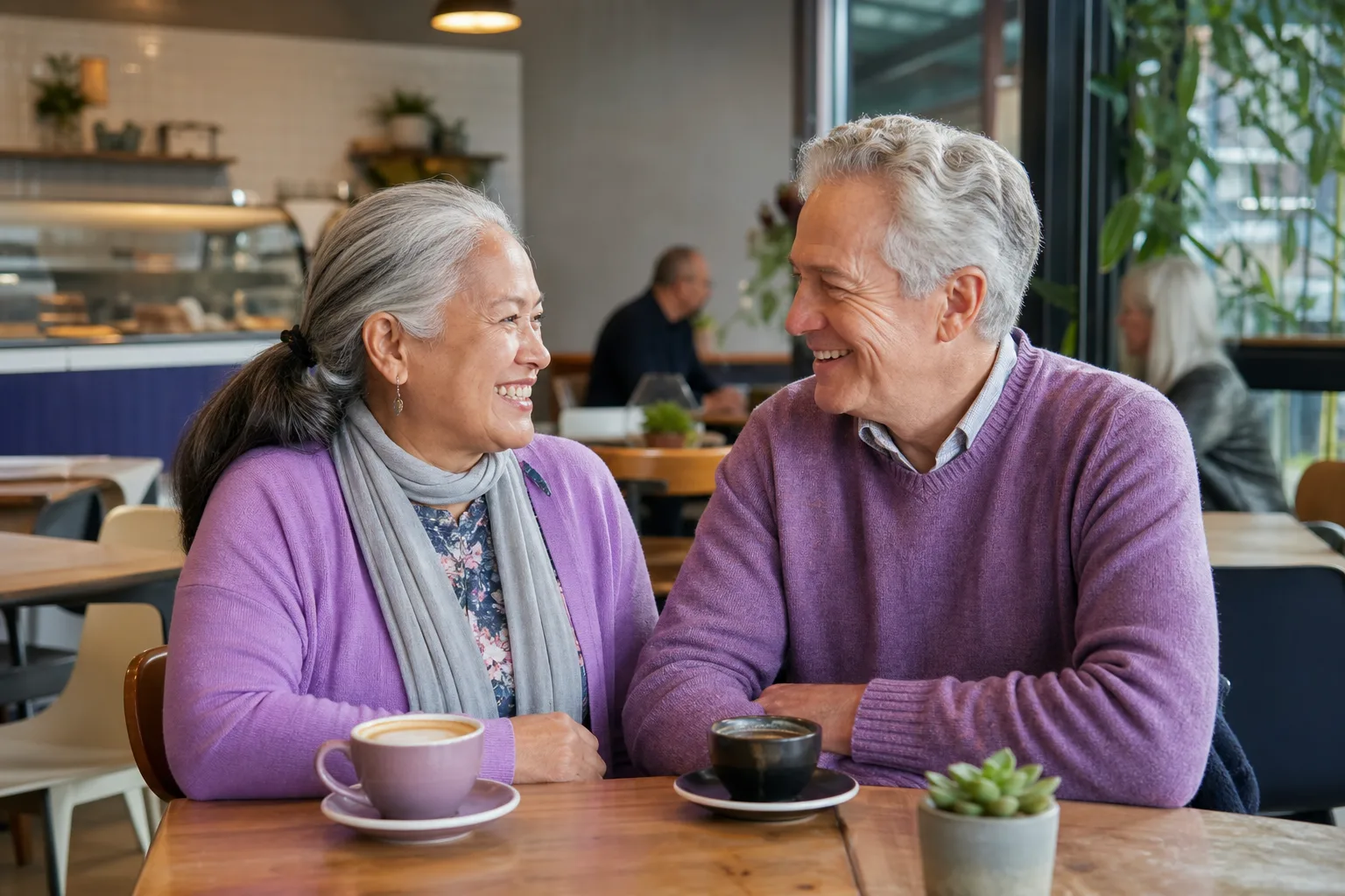 Two people over 50 talking over coffee in Leicestershire