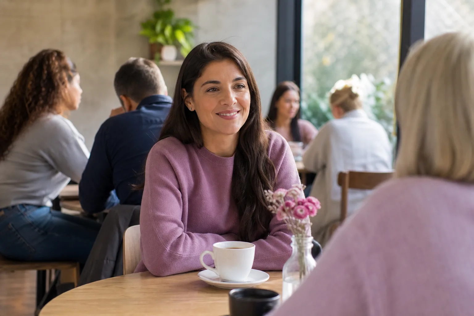 A woman and man talking over coffee in Leicester