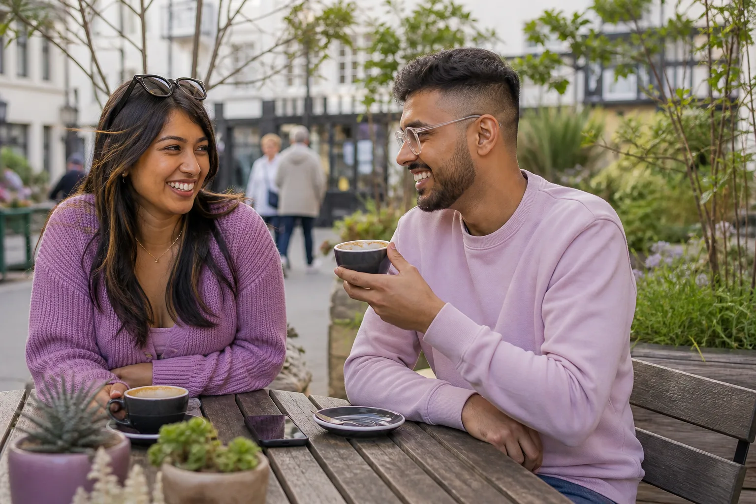 Two people talking over coffee in Leicester city centre