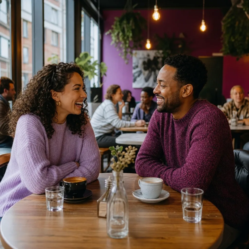 A couple meeting at a busy café near Leicester city centre