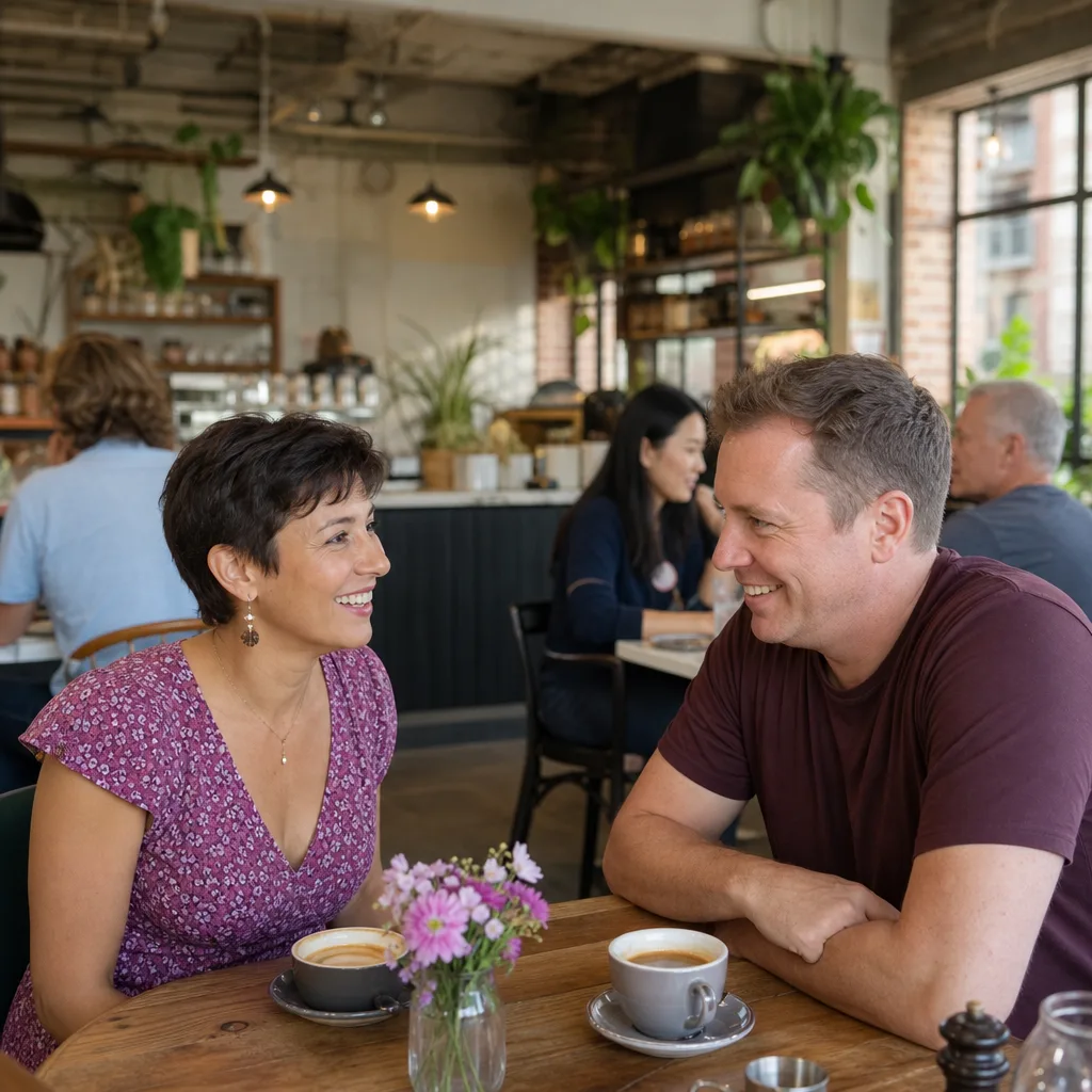 Two adults meeting at a busy public café in Leicester city centre