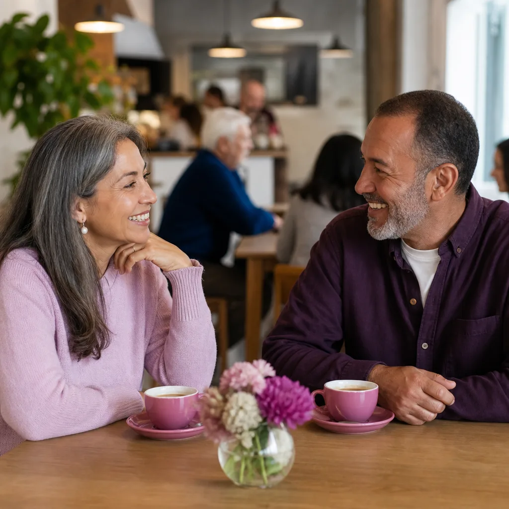 Two people in their fifties meeting at a busy Leicester cafe