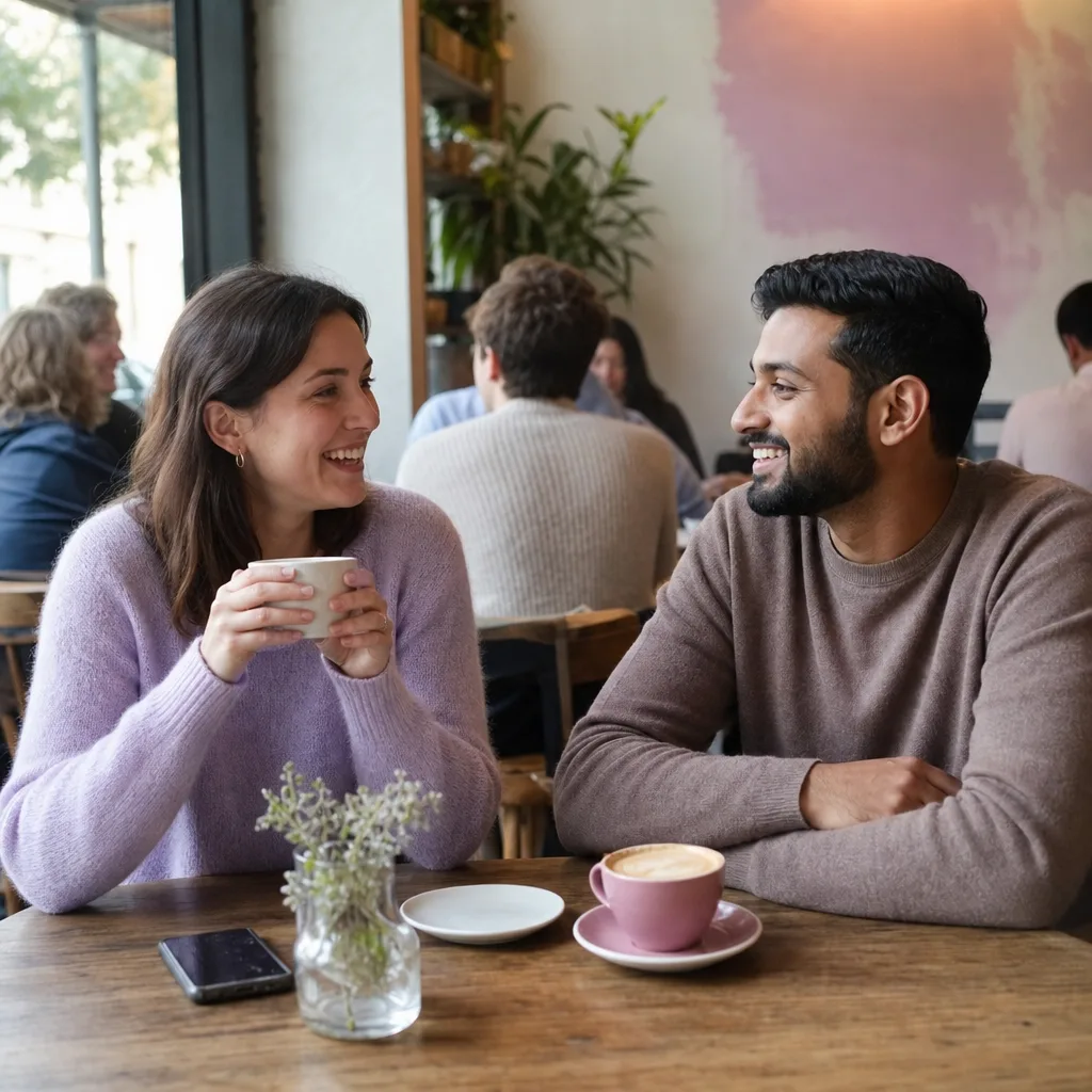 Two adults talking over coffee after browsing a Leicestershire market