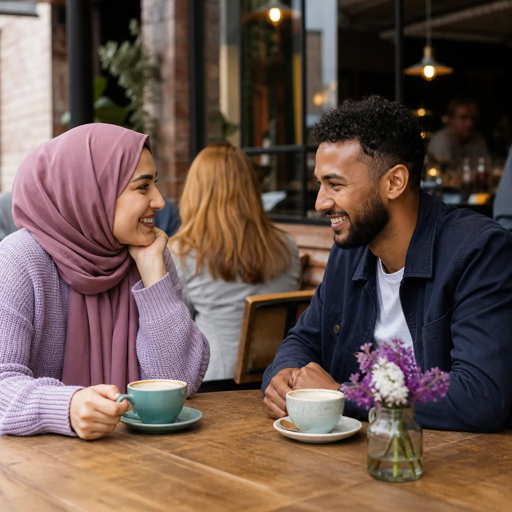 Two adults meeting at a busy public café in Leicester